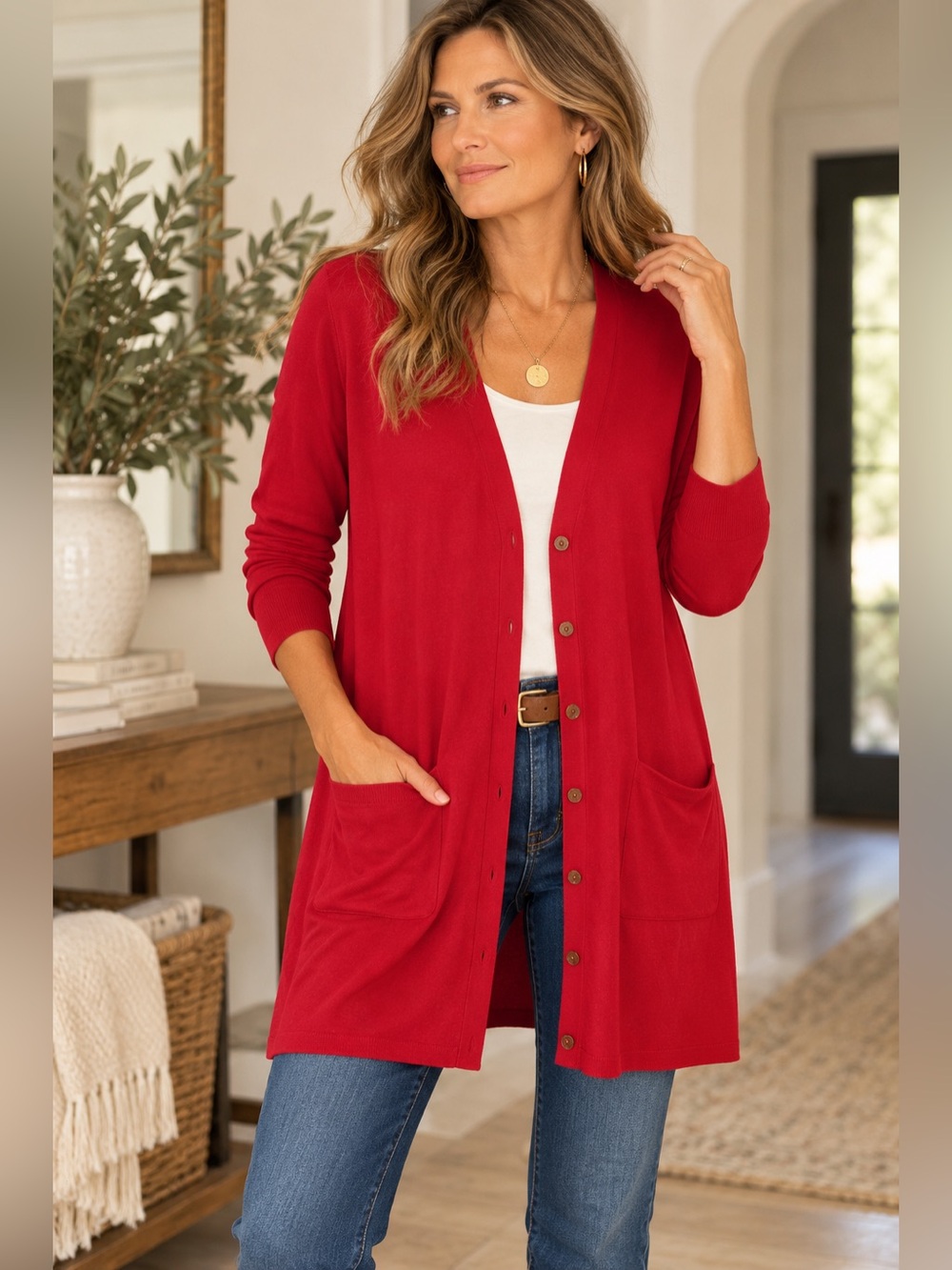 J. Jill Red Longline Cardigan Sweater Size Small Rayon Blend Quiet Luxury